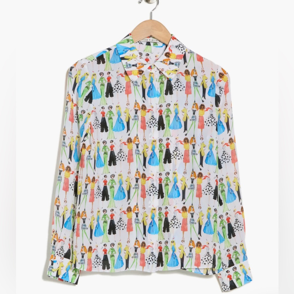 Alice + Olivia Women's Long-Sleeve Printed Button-Up Blouse in White Multi